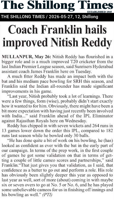 Coach Franklin hails improved Nitish Reddy