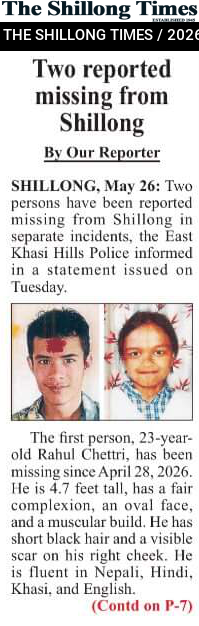 Two reported missing from Shillong