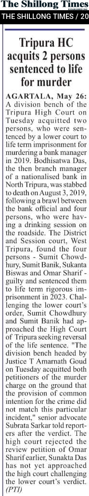 Tripura HC acquits 2 persons sentenced to life for murder