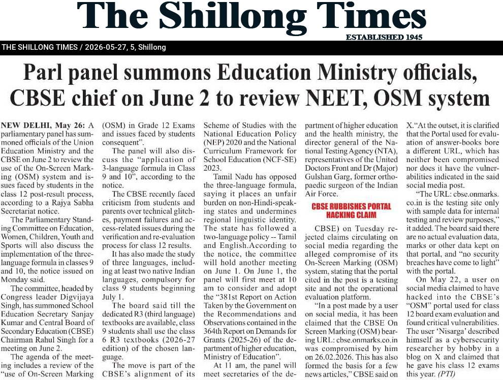 Parl panel summons Education Ministry officials, CBSE chief on June 2 to review NEET, OSM system