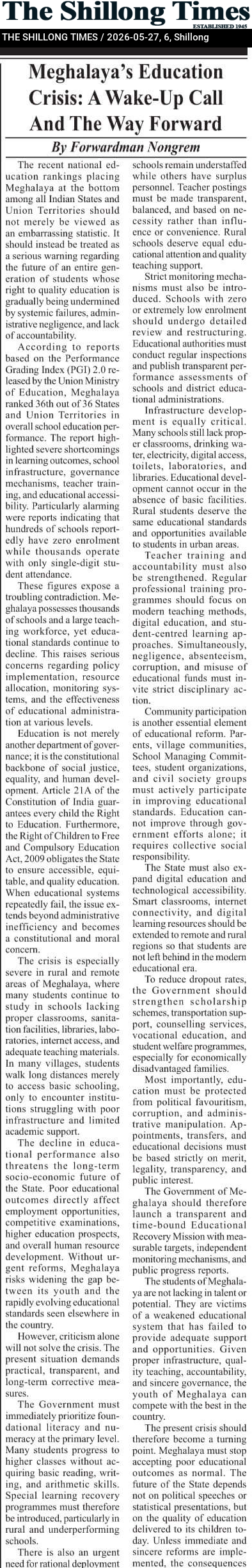 Meghalaya’s Education Crisis: A Wake-Up Call And The Way Forward