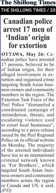 Canadian police arrest 17 men of ‘Indian’ origin for extortion