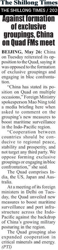 Against formation of exclusive groupings, China on Quad FMs meet