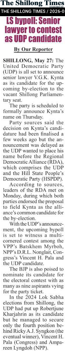 LS bypoll: Senior lawyer to contest as UDP candidate