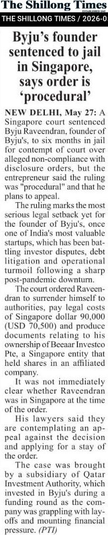 Byju’s founder sentenced to jail in Singapore, says order is ‘procedural’
