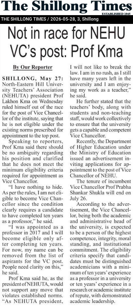 Not in race for NEHU VC’s post: Prof Kma