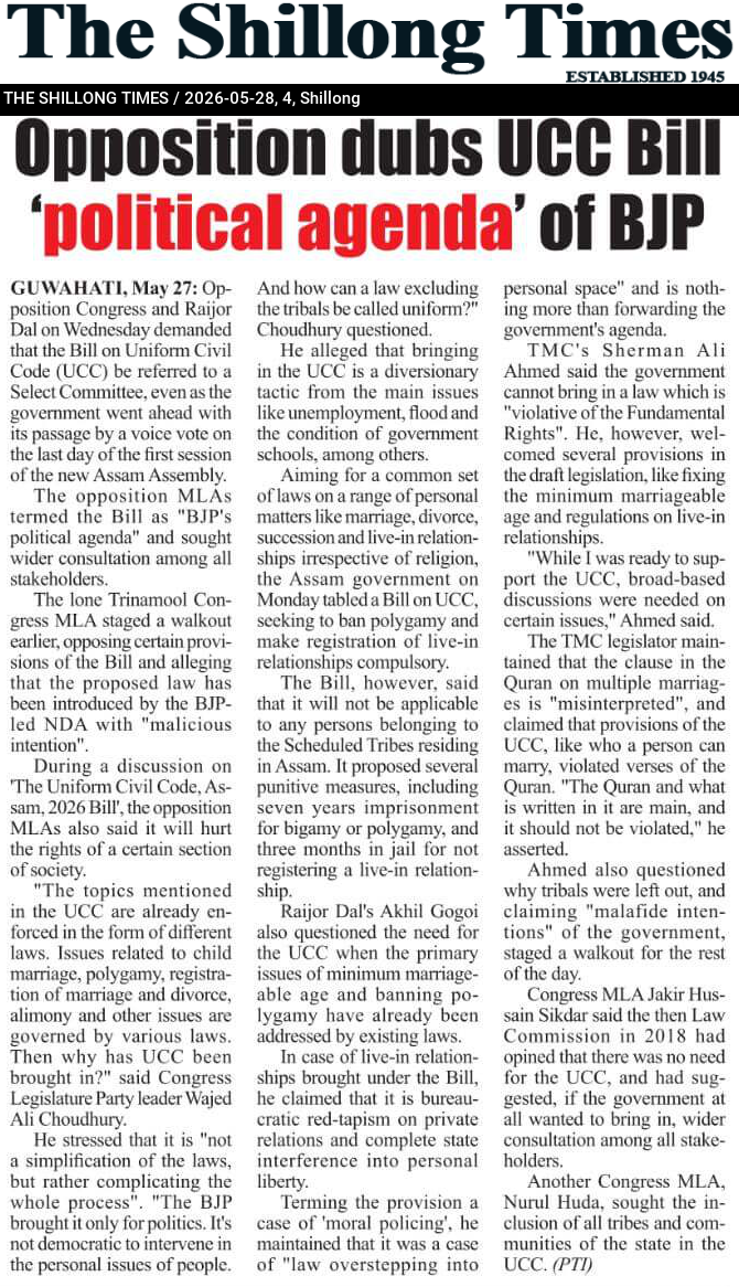 Opposition dubs UCC Bill ‘political agenda’ of BJP