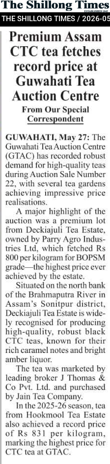Premium Assam CTC tea fetches record price at Guwahati Tea Auction Centre