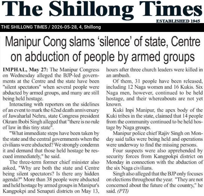Manipur Cong slams ‘silence’ of state, Centre on abduction of people by armed groups
